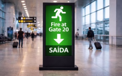 Rede de ecrãs a funcionar como sinalética de emergência