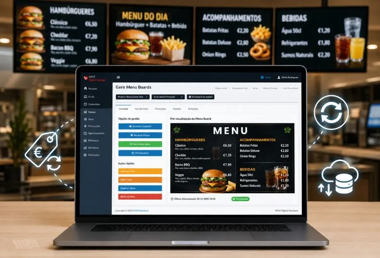 Preçário digital de restauração com menus e preços atualizados automaticamente