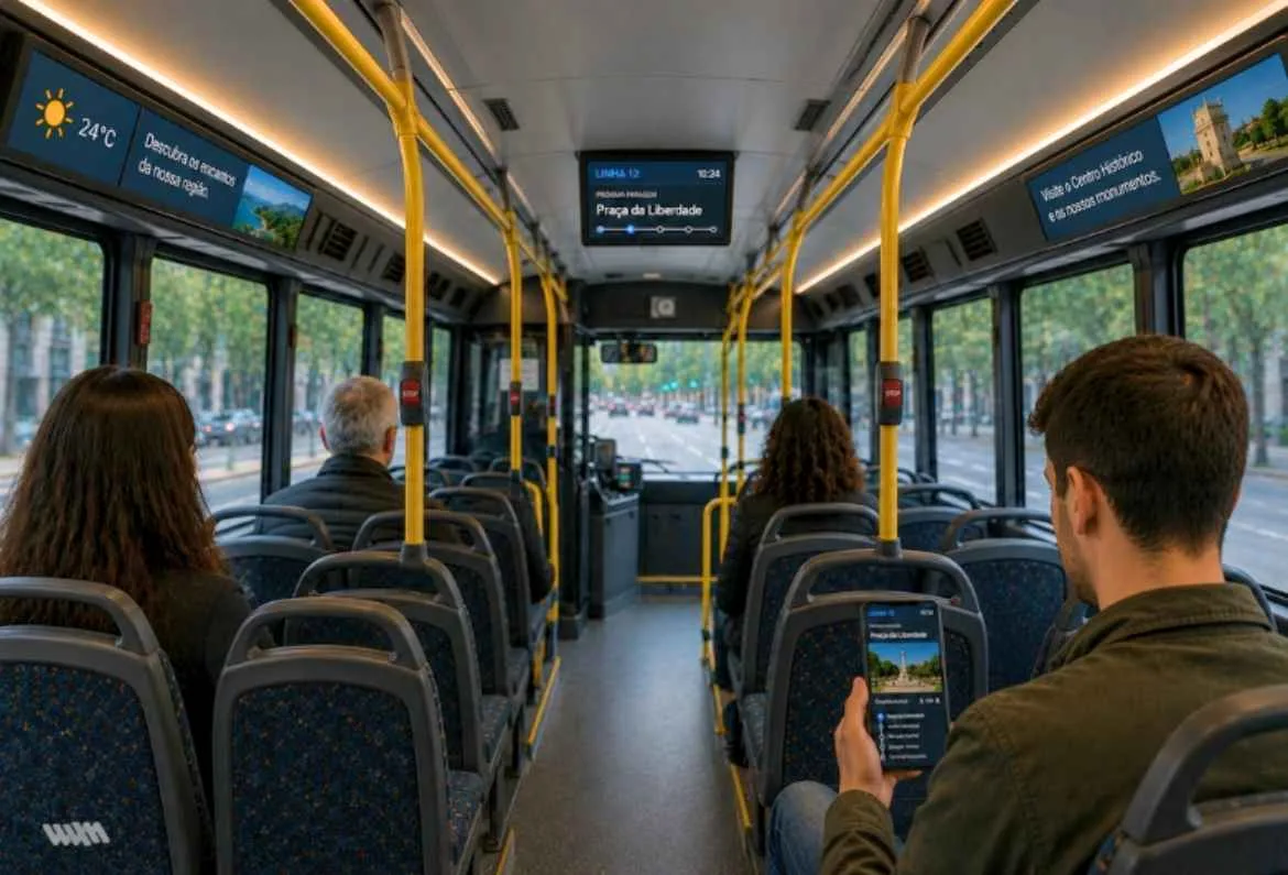 Ecrã num autocarro com conteúdos por geolocalização