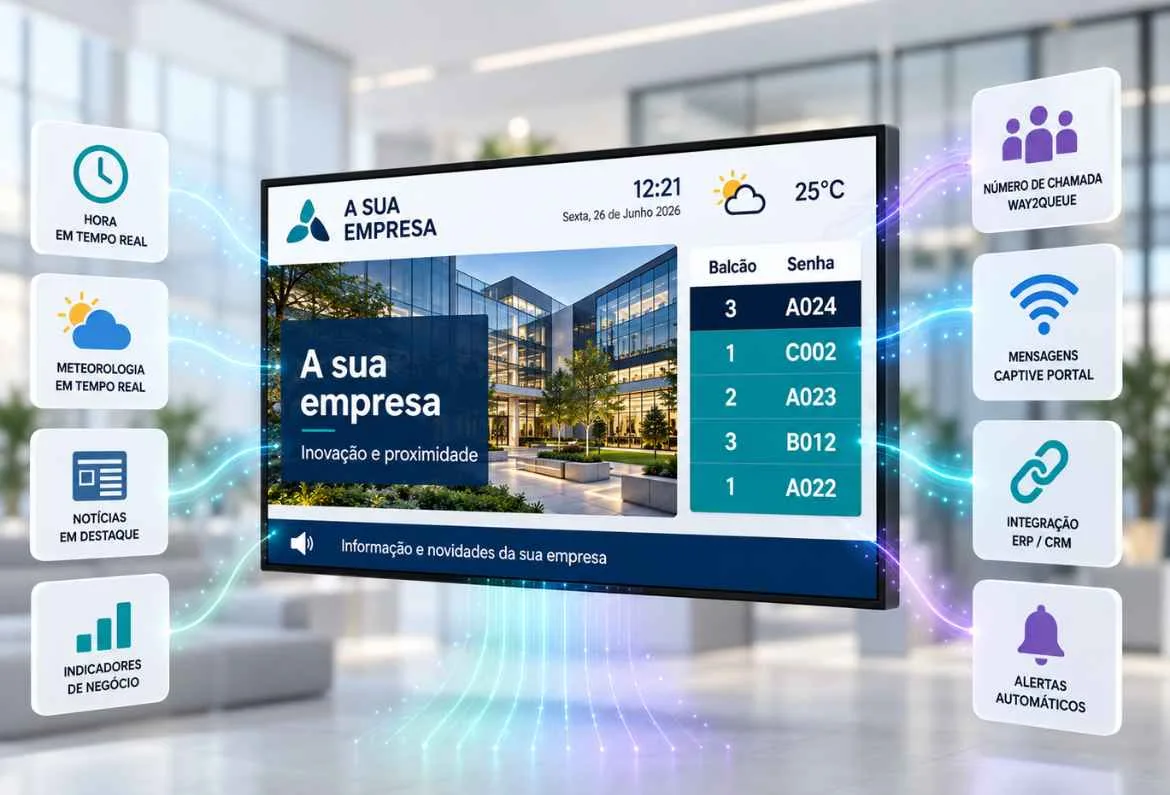 Ecrã com chamada de senhas do Way2Queue e conteúdos da Way2Digital Signage lado a lado
