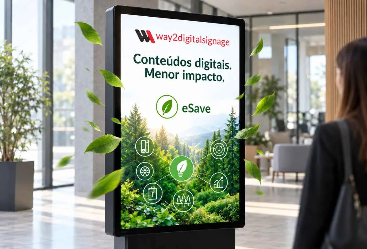 Mupi digital com conteúdos geridos pela Way2Digital Signage e o módulo eSave de poupança de energia