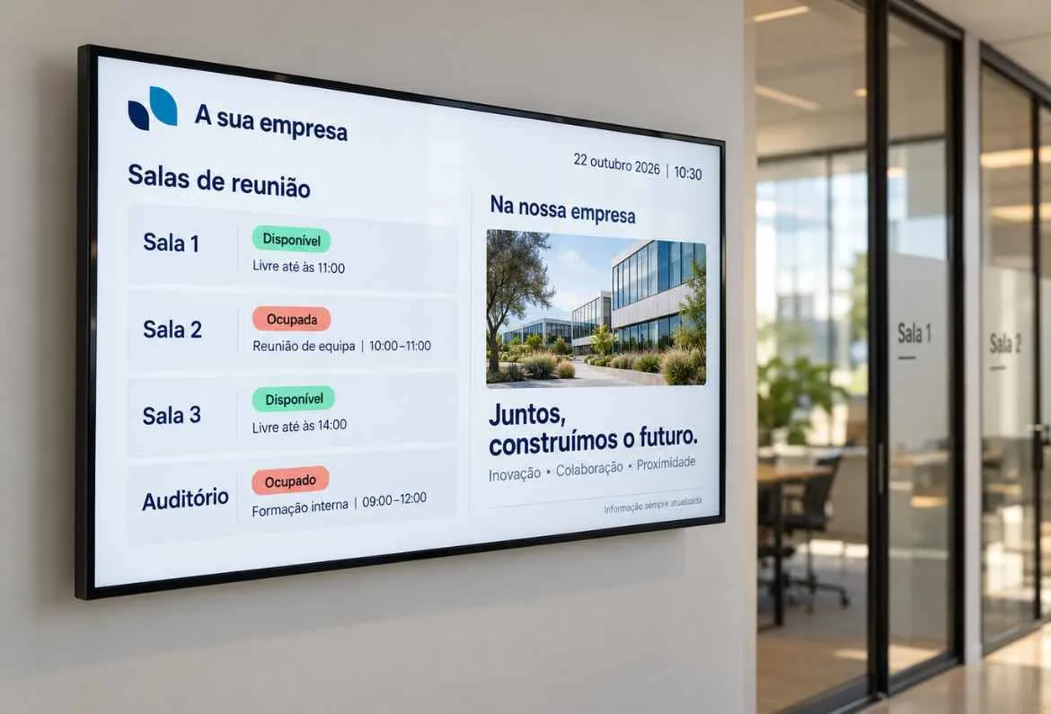 Ecrã de corredor com a disponibilidade das salas e conteúdos da Way2Digital Signage